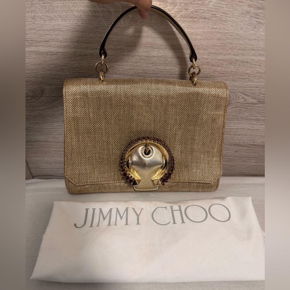 Jimmy Choo Crystal Madeline Gold Woven Raffia Top Handle Bag - Picture 2 of 13